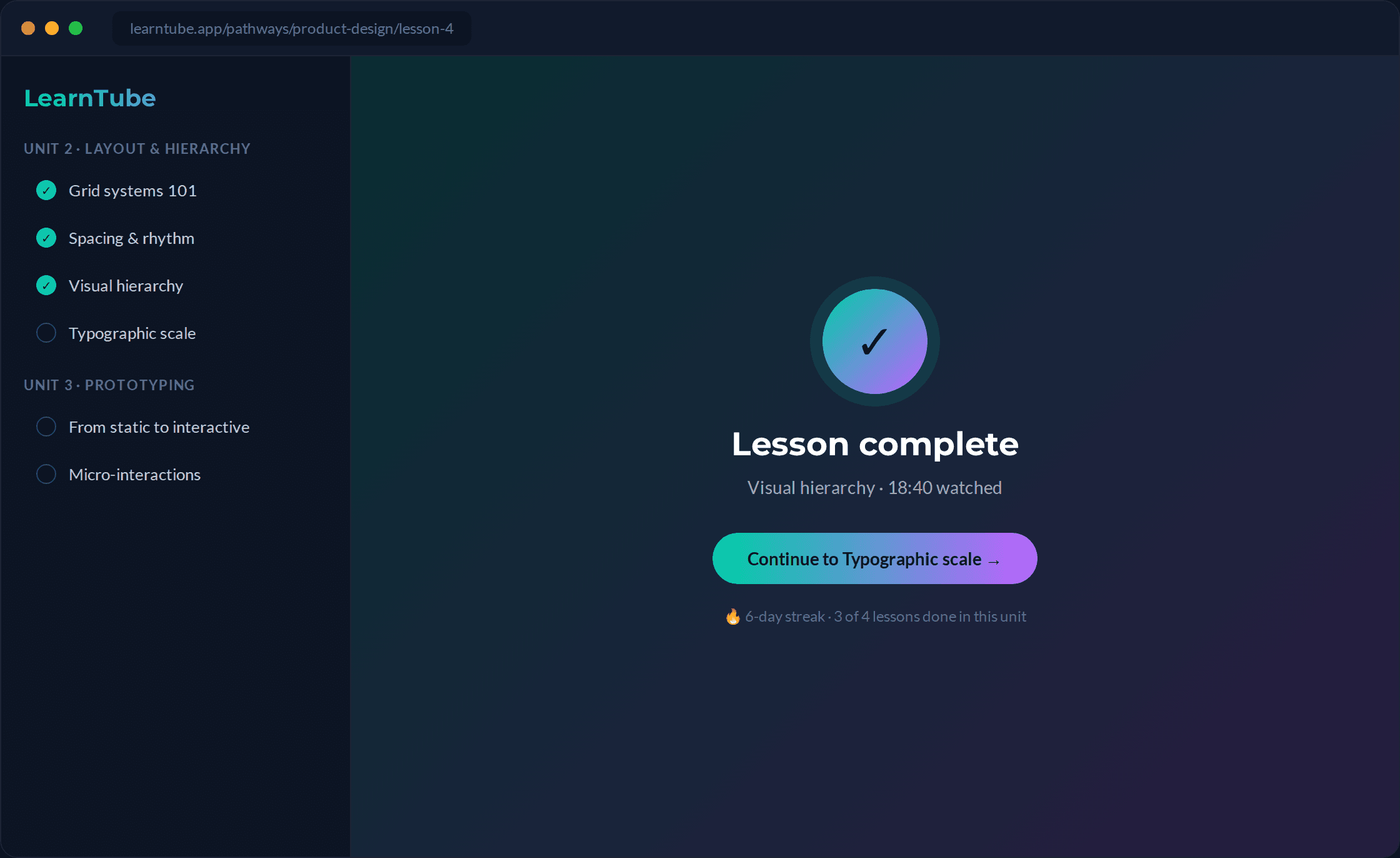 LearnTube lesson complete screen