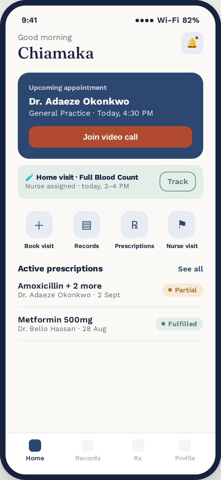 Tend patient app home screen