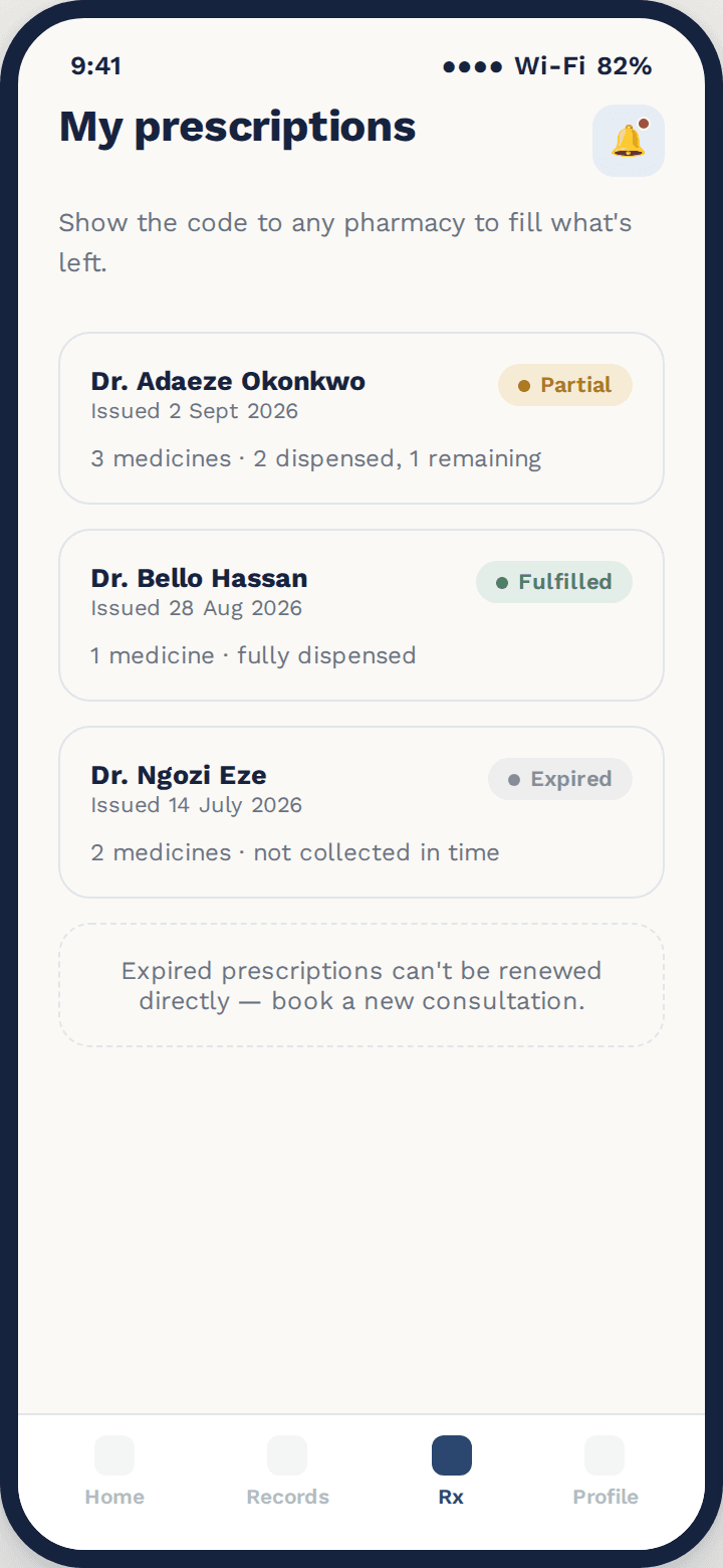 Tend prescriptions list screen